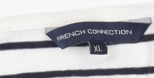 French Connection Women White Striped Jersey T-Shirt XL 3/4 Sleeve