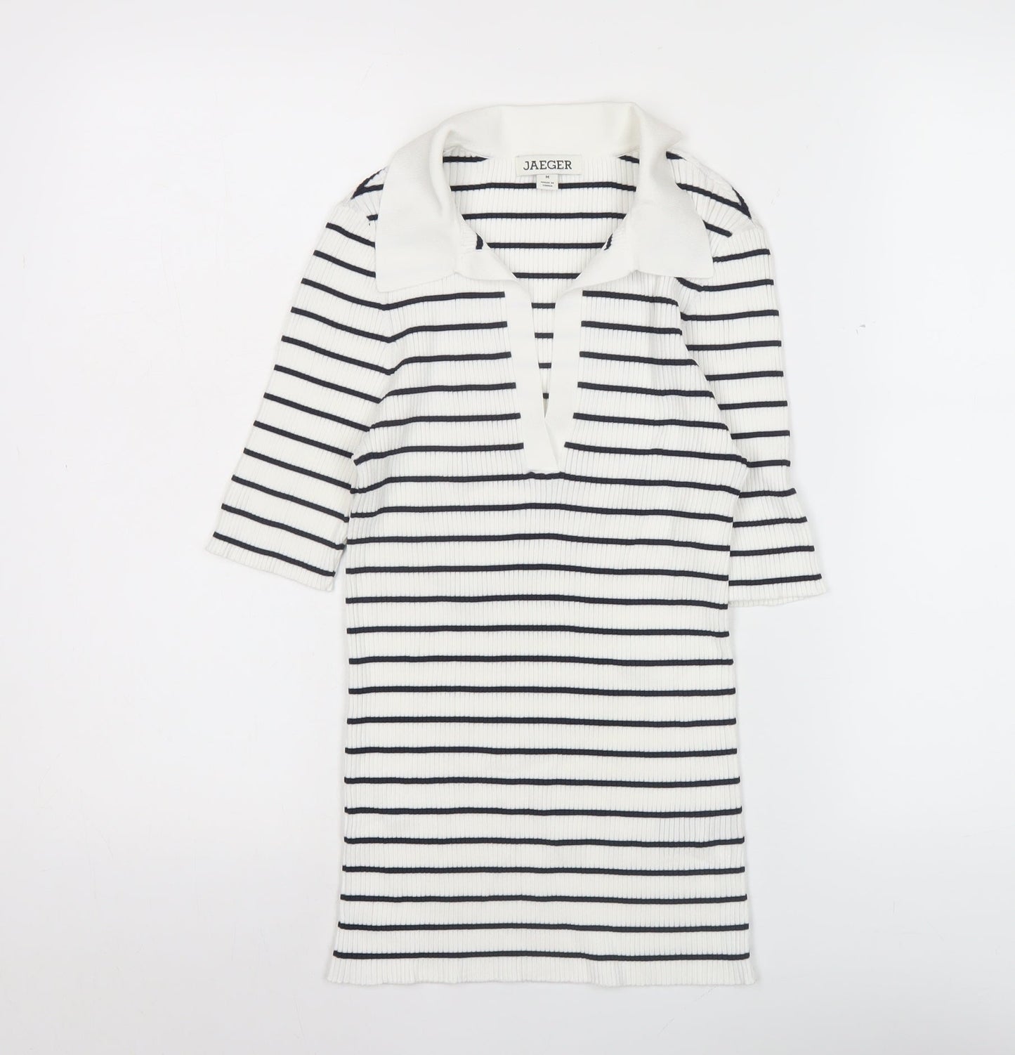 Jaeger Women’s White Striped Polo Knit Top Size M Collared Nautical Style