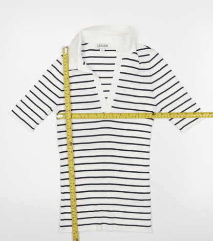 Jaeger Women’s White Striped Polo Knit Top Size M Collared Nautical Style