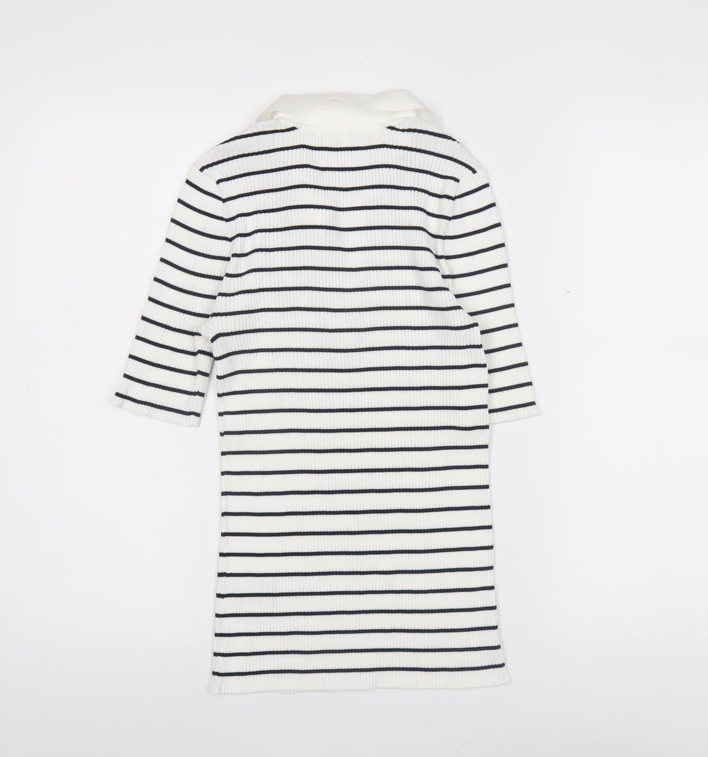 Jaeger Women’s White Striped Polo Knit Top Size M Collared Nautical Style