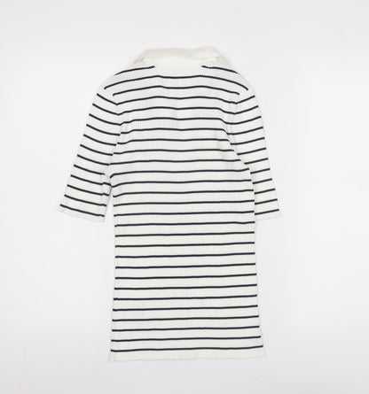 Jaeger Women’s White Striped Polo Knit Top Size M Collared Nautical Style
