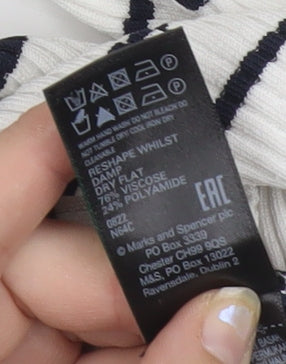 Jaeger Women’s White Striped Polo Knit Top Size M Collared Nautical Style