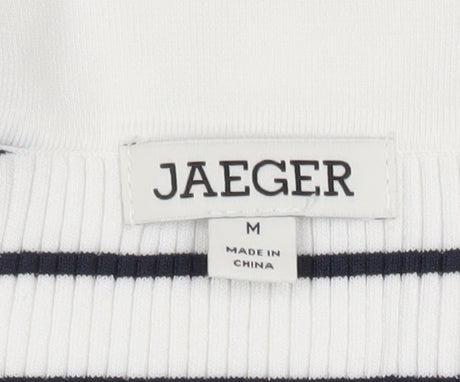 Jaeger Women’s White Striped Polo Knit Top Size M Collared Nautical Style