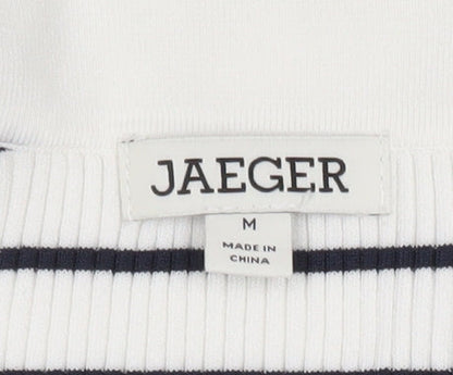 Jaeger Women’s White Striped Polo Knit Top Size M Collared Nautical Style
