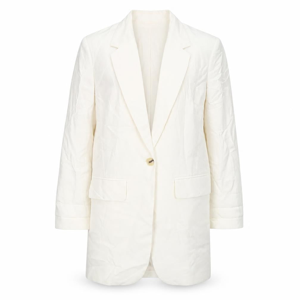 Front view of H&M unisex adults ivory xs long linen blend blazer jacket