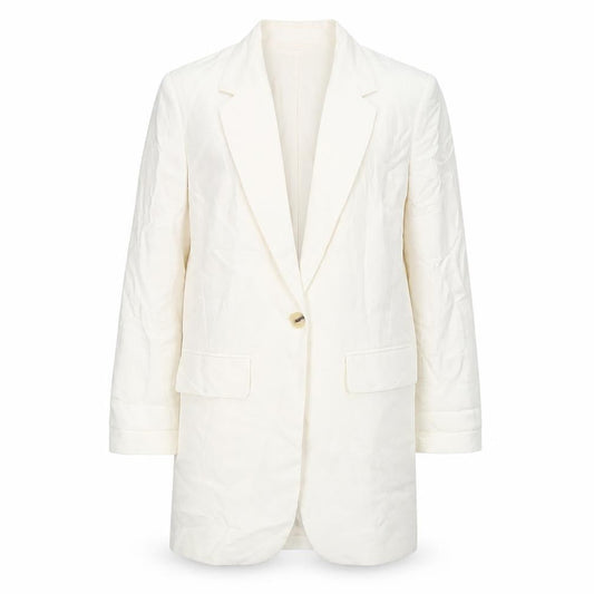 Front view of H&M unisex adults ivory xs long linen blend blazer jacket