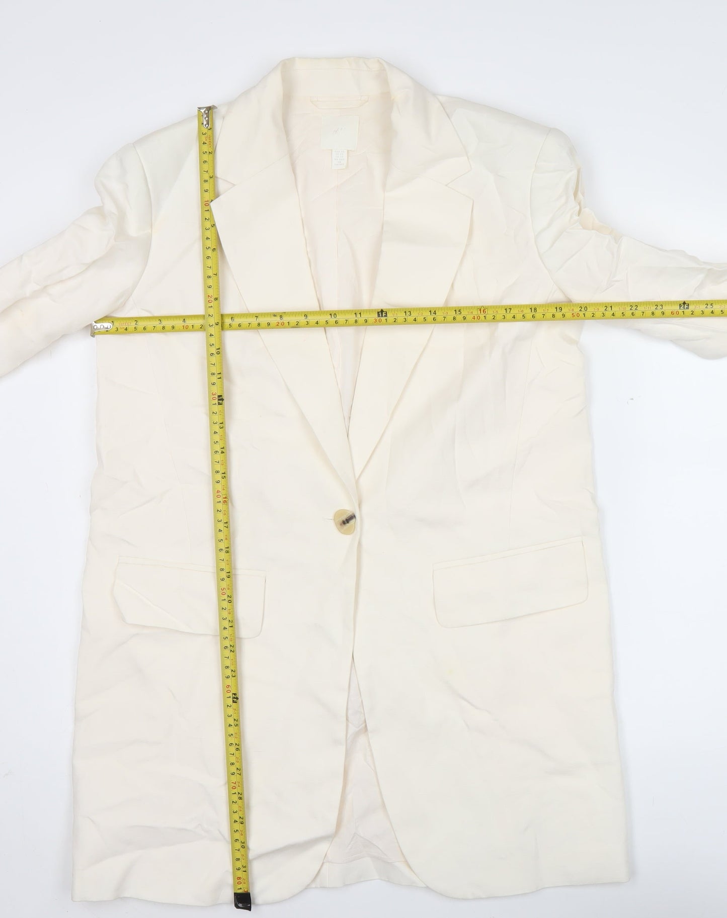 H&M Unisex Adults Ivory XS Long Linen Blend Blazer Jacket