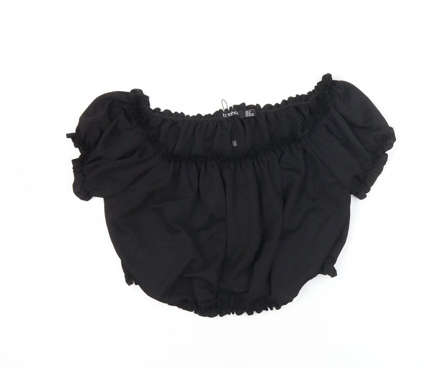 Boohoo Women Black UK 12 Cropped Off Shoulder Puff Sleeve Blouse
