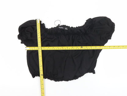 Boohoo Women Black UK 12 Cropped Off Shoulder Puff Sleeve Blouse