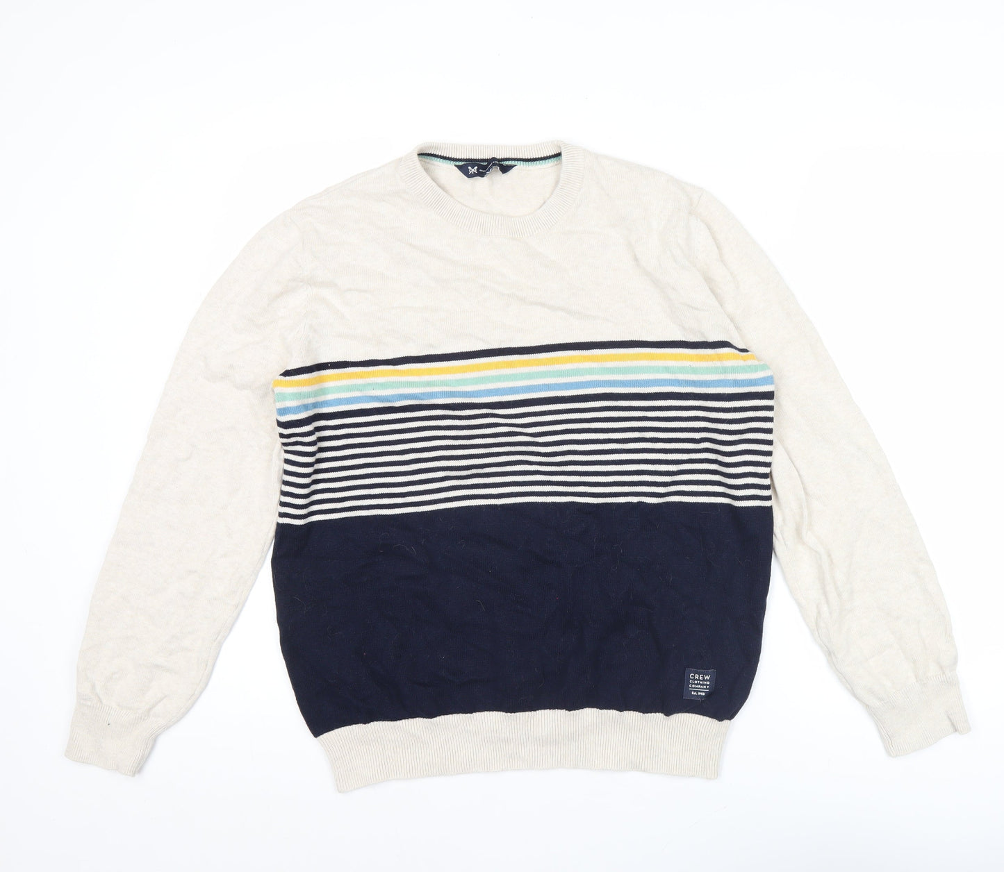 Crew Clothing Mens Beige Blue Striped Cotton Jumper M