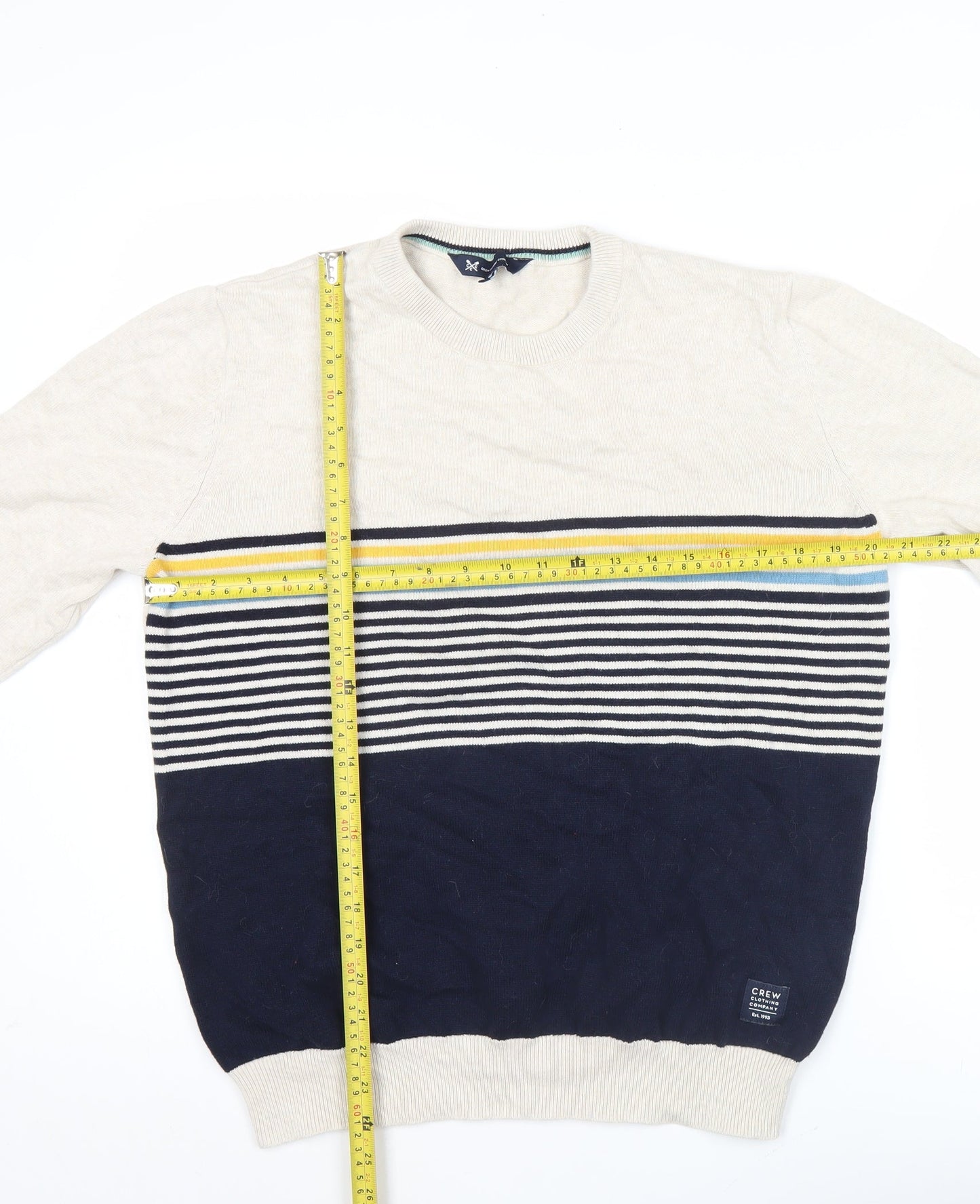 Crew Clothing Mens Beige Blue Striped Cotton Jumper M