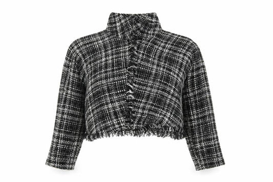 Zara Women Black Check Cropped Tweed Blouse Size M