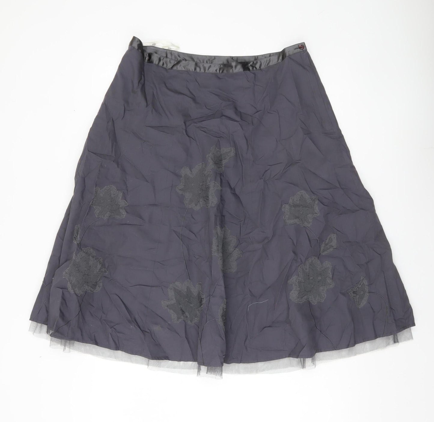 Next Womens Grey Floral Embroidered A-Line Skirt Size 14 Lined Cotton