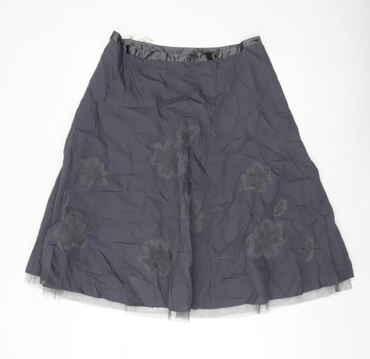Next Womens Grey Floral Embroidered A-Line Skirt Size 14 Lined Cotton