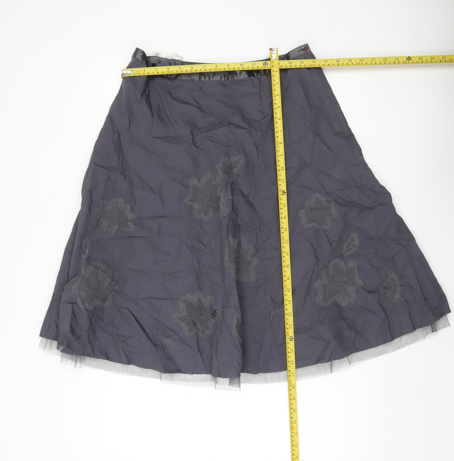 Next Womens Grey Floral Embroidered A-Line Skirt Size 14 Lined Cotton