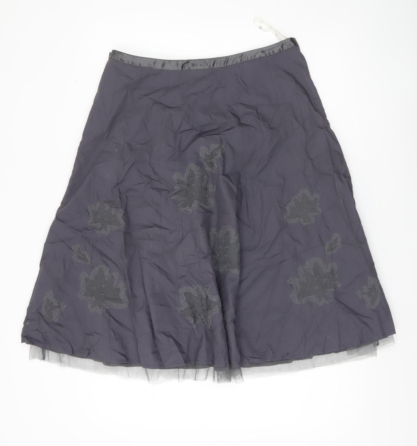 Next Womens Grey Floral Embroidered A-Line Skirt Size 14 Lined Cotton