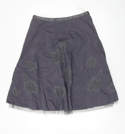 Next Womens Grey Floral Embroidered A-Line Skirt Size 14 Lined Cotton