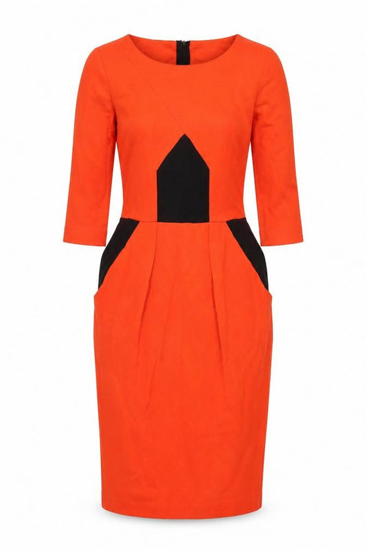 Front view of French Connection Women’s Orange Black Sheath Dress UK 6