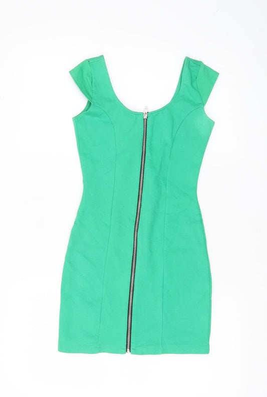 H&M Women’s Green Bodycon Short Dress Size 6 Scoop Neck Zip