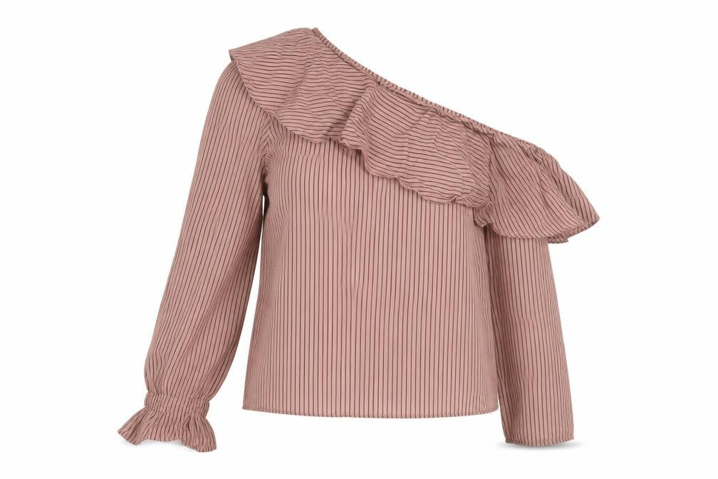 Topshop Women Pink Striped One Shoulder Ruffle Blouse UK 12