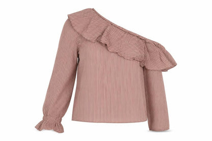 Topshop Women Pink Striped One Shoulder Ruffle Blouse UK 12