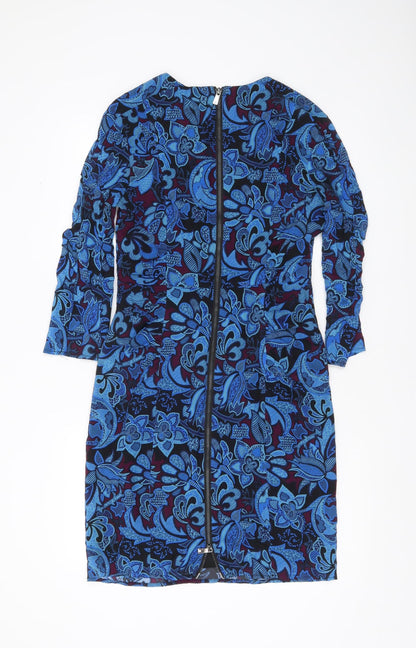Whistles Women’s Blue Silk Floral Sheath Dress UK 12 Long Sleeve