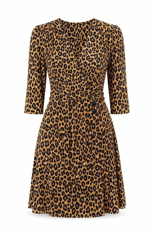 Front view of ASOS Women’s Brown Leopard Print Wrap Dress, size UK 6