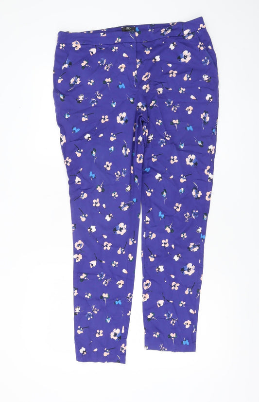 F&F Womens Purple Floral Slim Fit Stretch Trousers Size 14