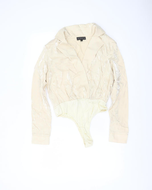 In The Style Women Beige Collared Long Sleeve Bodysuit Size 12