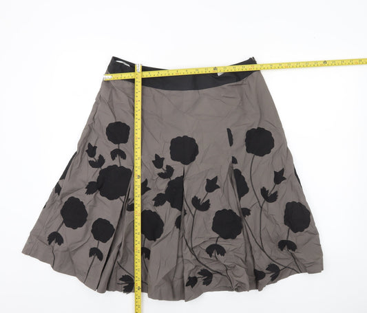 Next Women Grey Black Floral Embroidered A-Line Cotton Skirt UK 16