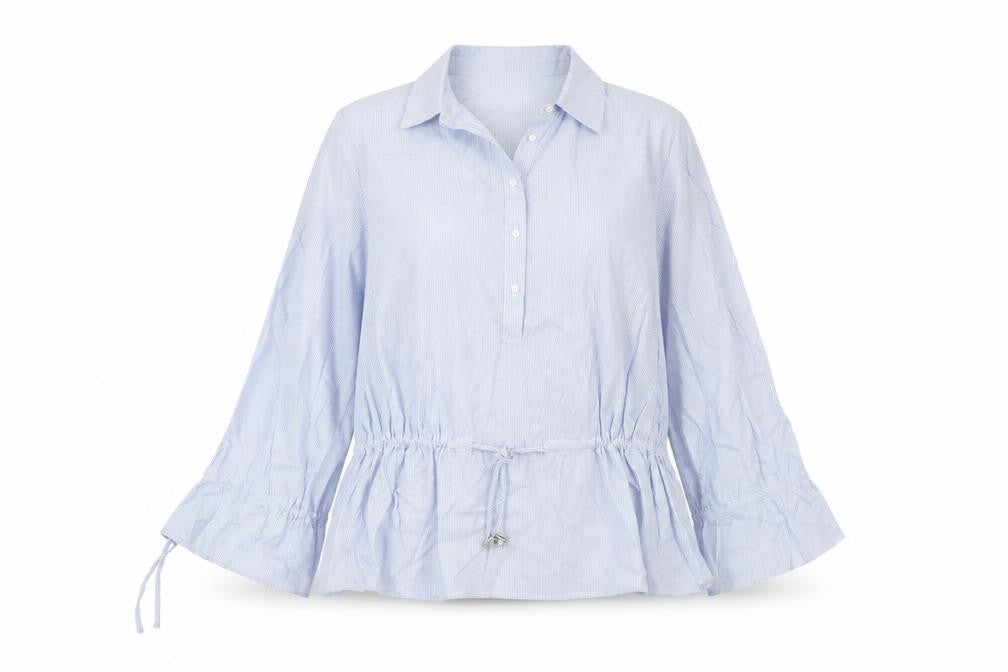 Find Womens Blue Striped Cotton Tunic Blouse M Collared Long Sleeve