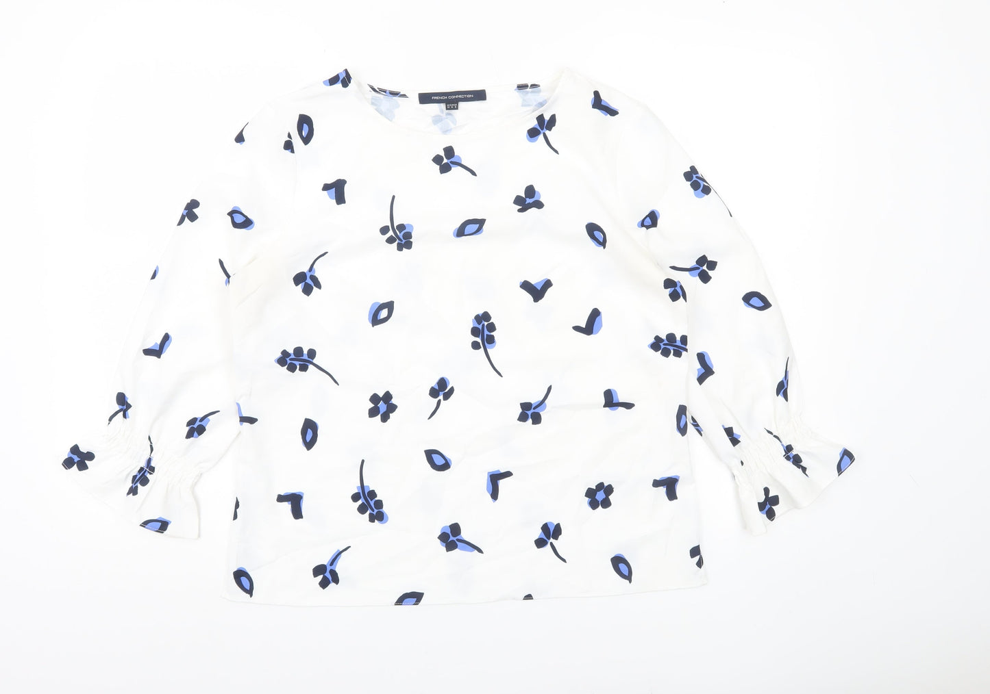 French Connection Women White Blue Floral Blouse Size 12 3/4 Sleeve