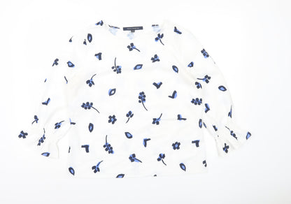 French Connection Women White Blue Floral Blouse Size 12 3/4 Sleeve