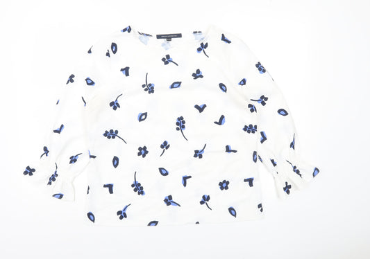 French Connection Women White Blue Floral Blouse Size 12 3/4 Sleeve