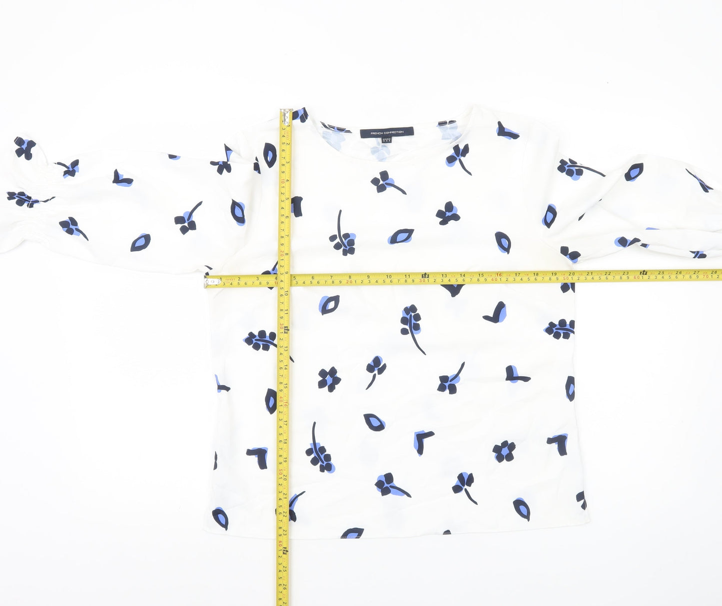 French Connection Women White Blue Floral Blouse Size 12 3/4 Sleeve