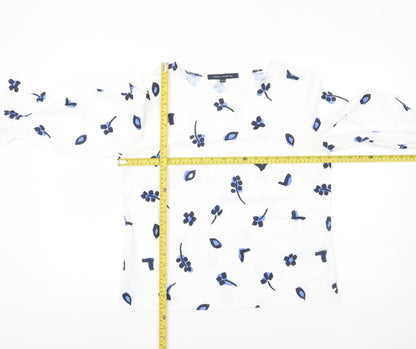 French Connection Women White Blue Floral Blouse Size 12 3/4 Sleeve