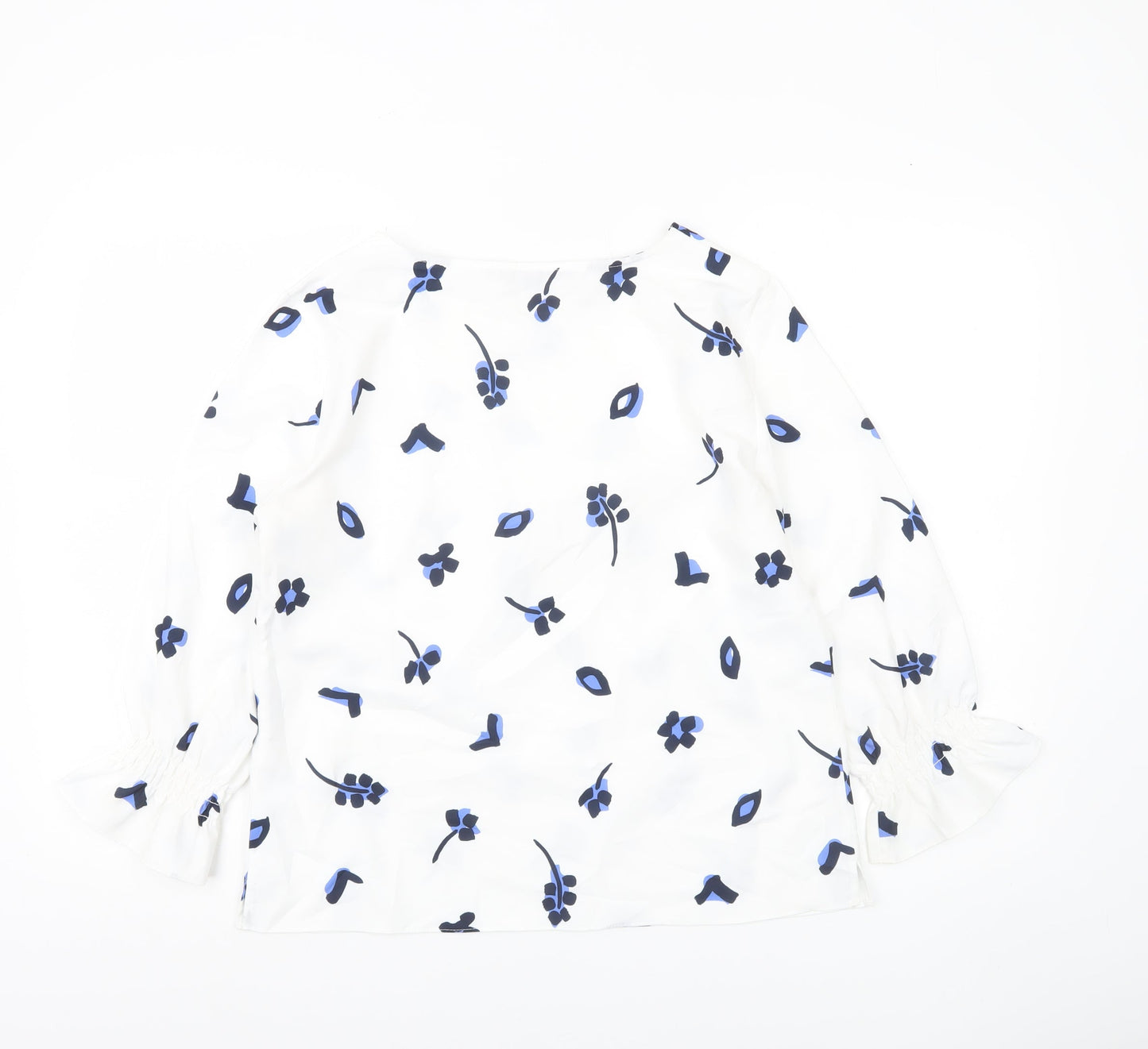 French Connection Women White Blue Floral Blouse Size 12 3/4 Sleeve