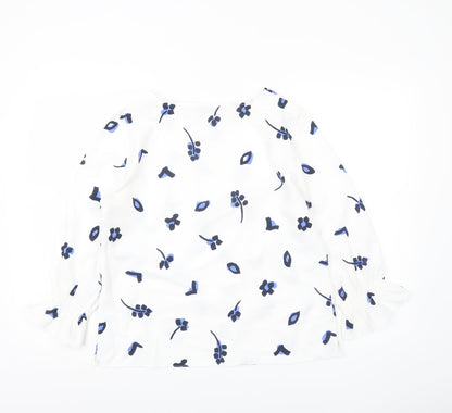 French Connection Women White Blue Floral Blouse Size 12 3/4 Sleeve