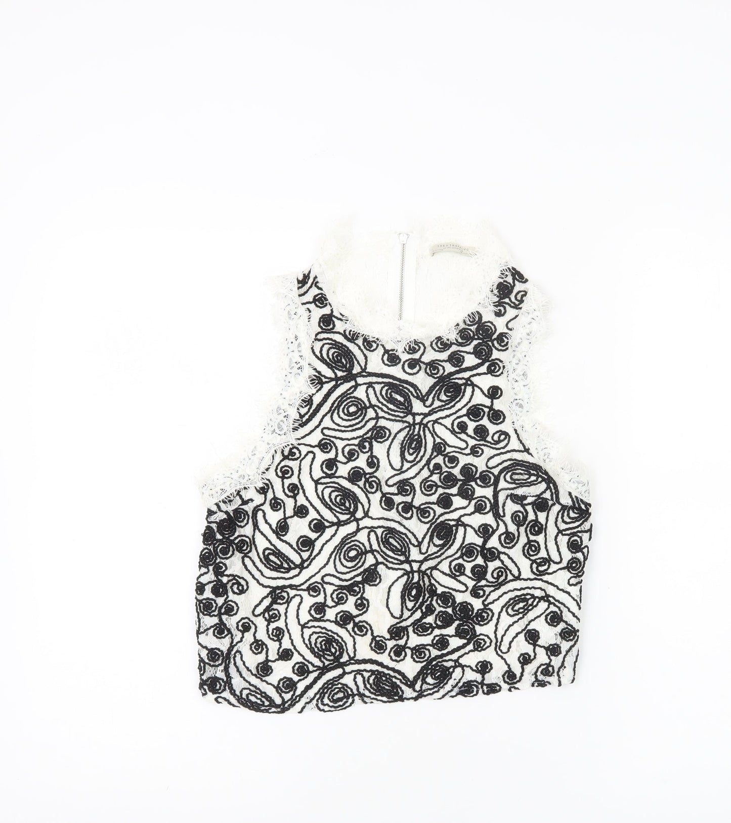 Zara Trafaluc Womens White Black Lace Embroidered Cropped Blouse S