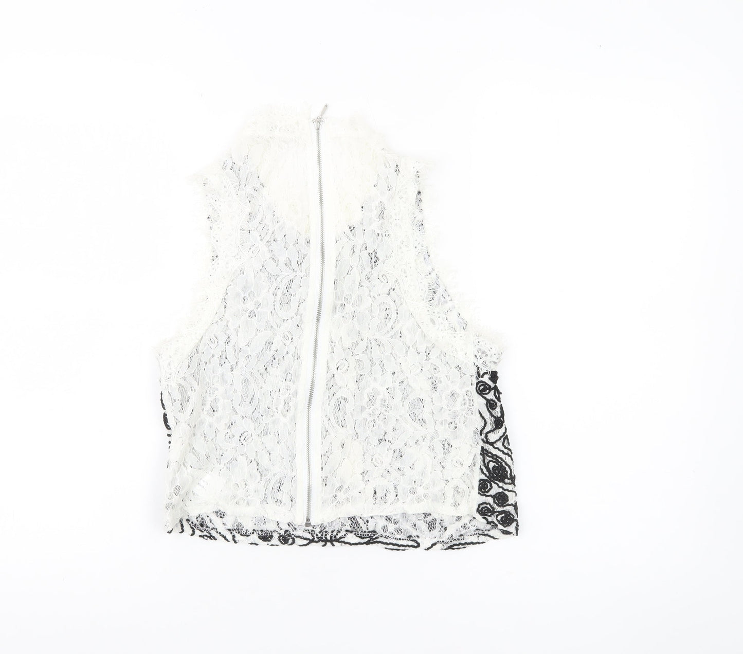Zara Trafaluc Womens White Black Lace Embroidered Cropped Blouse S
