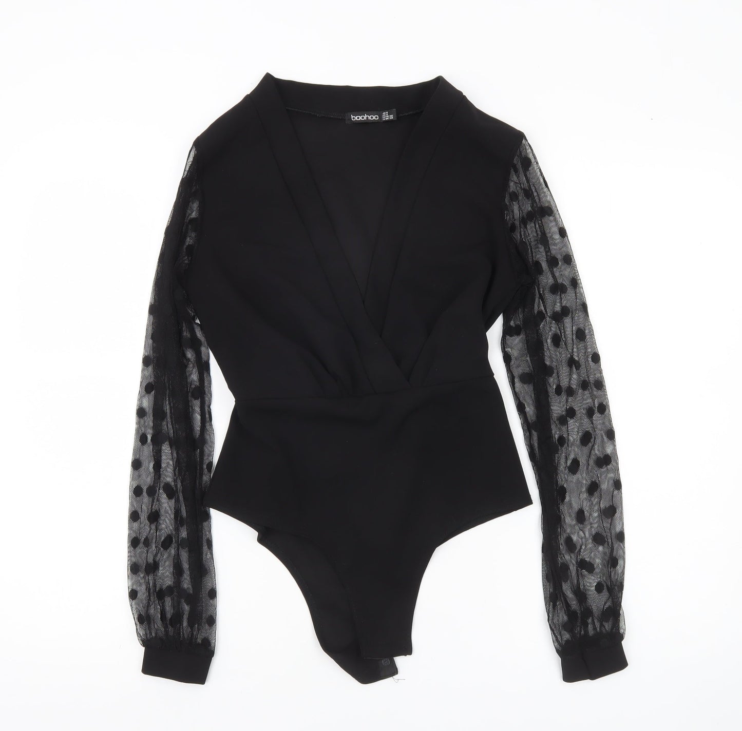 Boohoo Women Black Size 8 Sheer Sleeve Polka Dot Bodysuit