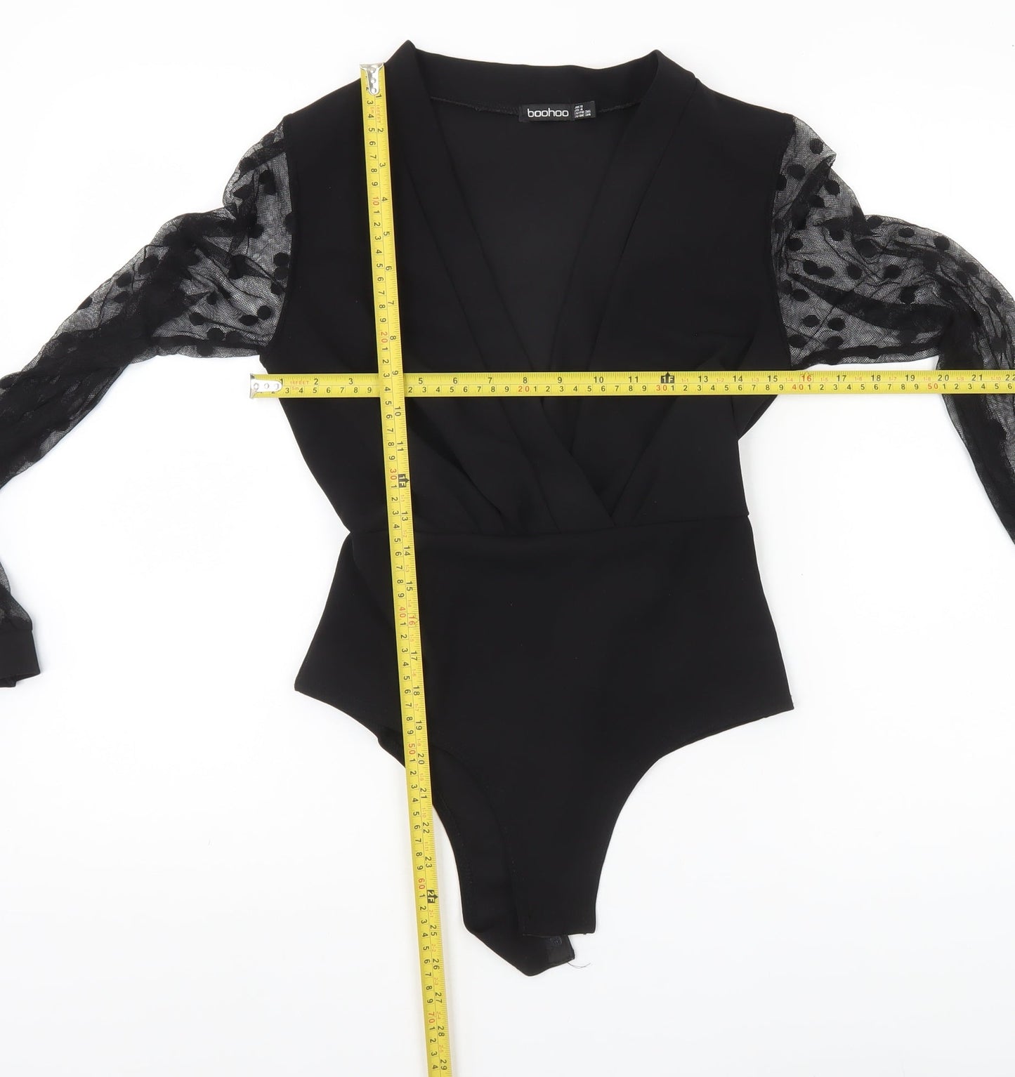 Boohoo Women Black Size 8 Sheer Sleeve Polka Dot Bodysuit