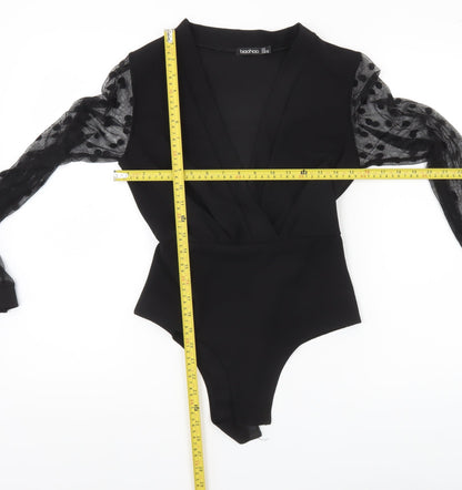 Boohoo Women Black Size 8 Sheer Sleeve Polka Dot Bodysuit