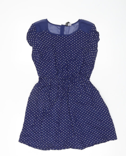 H&M Women Blue Polka Dot Skater Dress Size 10 Short Sleeve Retro