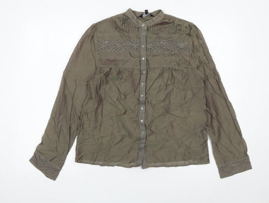 East Womens Green Blouse Size 10 Long Sleeve Tunic Cotton Silk