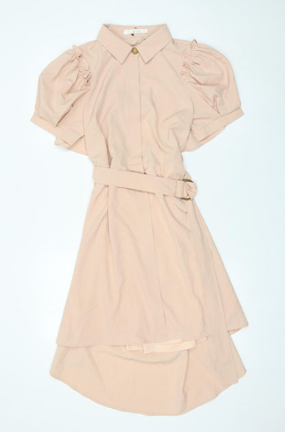 Allyson Women’s Beige Shirt Dress S Hi-Low Puff Sleeve Belted