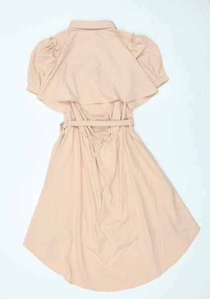 Allyson Women’s Beige Shirt Dress S Hi-Low Puff Sleeve Belted