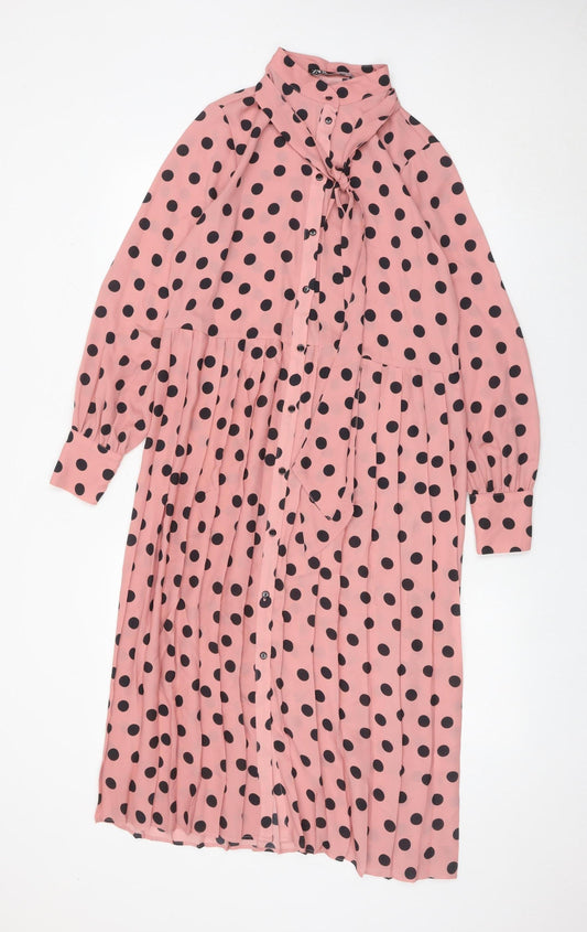 Zara Women Pink Polka Dot Midi Shirt Dress Size 12 Puff Sleeve