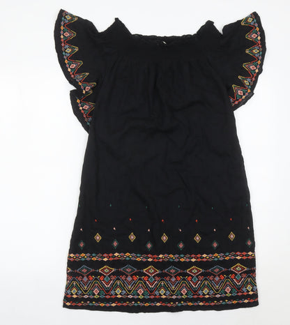 Next Women’s Black Embroidered Shift Dress Size 12 Boho Summer