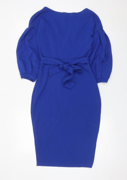 Boohoo Women’s Blue Bodycon Belted V-Neck Dress Size 12